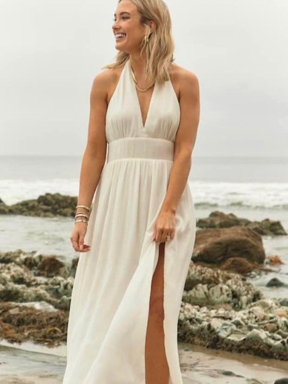 Abercrombie Plunge Halter Maxi Dress in White